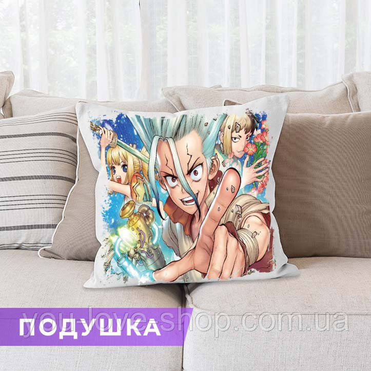 Подушка Dr. Stone "Сенку, Ген та Кохаку" / Подушка Доктор Стоун квадрат 35х35