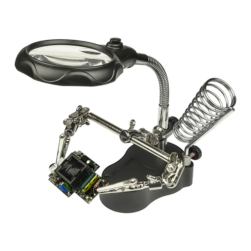 TU Тримач плат і паяльника MG16126-A з LED-підсвіткою і подвійною лупою (велика лупа d = 65 мм, 3.5x; мала