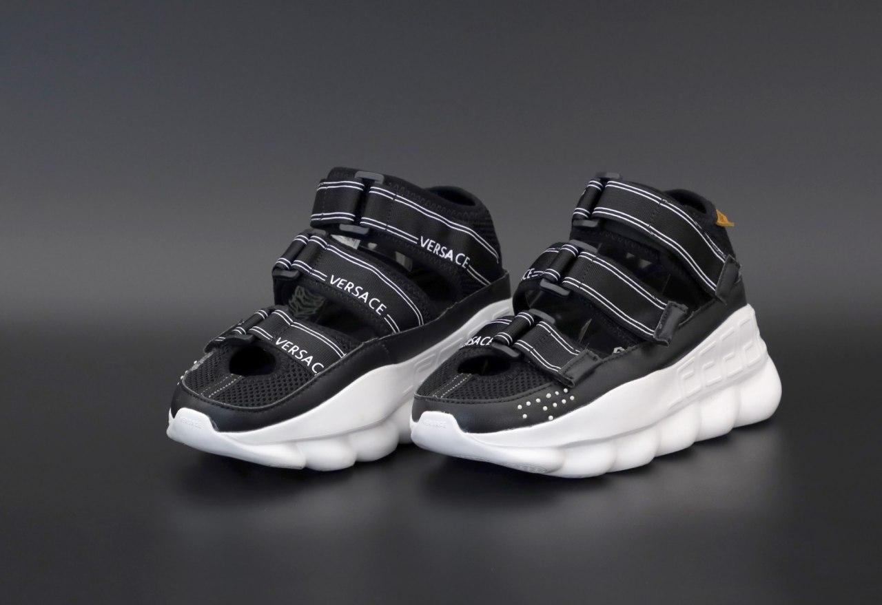 Жіночі босоніжки Versace Chain Reaction (Чорні) Сандалі на липучках текстиль на високій платформі В'єтнам