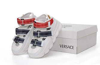Жіночі босоніжки Versace Chain Reaction (Білі) Сандалі Версачі на липучках текстиль на високій платформі