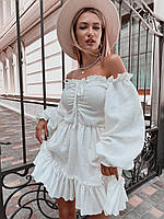 Белое платье короткое со зборками рукав фонарик длинный, белое платье коктельное короткое спущенный рукав