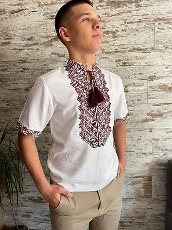 Чоловіча вишиванка, короткий рукав, білий льон, фото 1