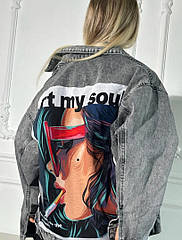 Джинсова молодіжна куртка жіноча оверсайз із принтом котон чудової фабричного якості
