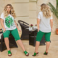 Яркий летний прогулочный костюм больших размеров: футболка + шорты (р.48-62). Арт-2123/42 зеленый