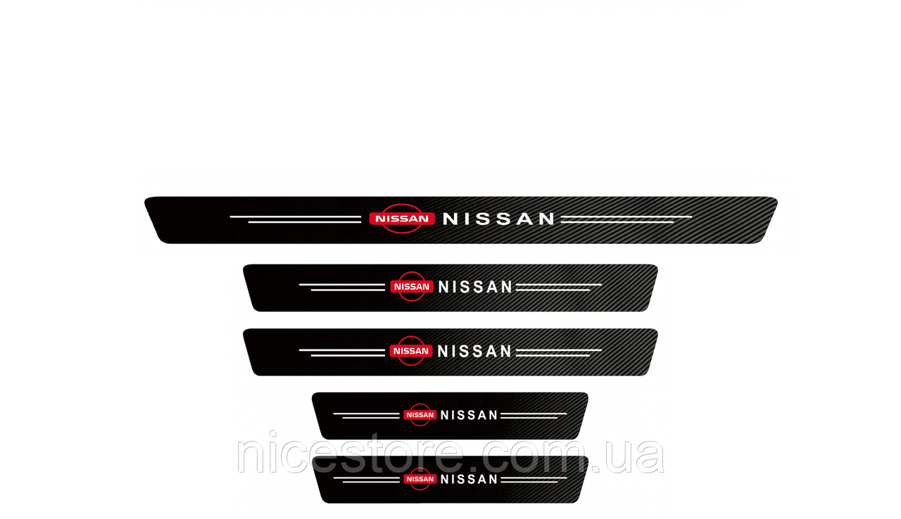 Наклейки на пороги та задній бампер карбонові з логотипом Nissan всі моделі та інші марки автомобілів, фото 1