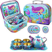 Набір дитячого іграшкового посуду у валізці з русалкою Чайний сервіз металевий 15 предметів (60111)