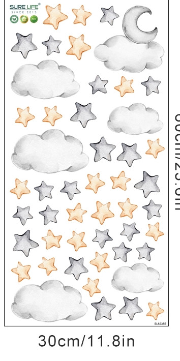 Вінілові наклейки на стіну Зірки 43 шт 6 хмарок 1 місяць (лист 30 х 90 см) Б394-64