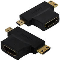 Перехідник, гніздо HDMI штекер mini HDMI + штекер micro HDMI, gold