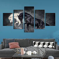 Модульная картина из 5 частей на холсте KIL Art Чёрная и белая лошади в тумане 187x94 см (201-52) z110-2024