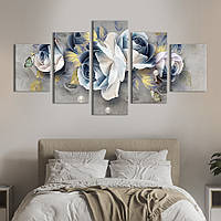 Модульная картина из 5 частей на холсте KIL Art Нежно-голубые розы с бабочками 162x80 см (264-52) z110-2024