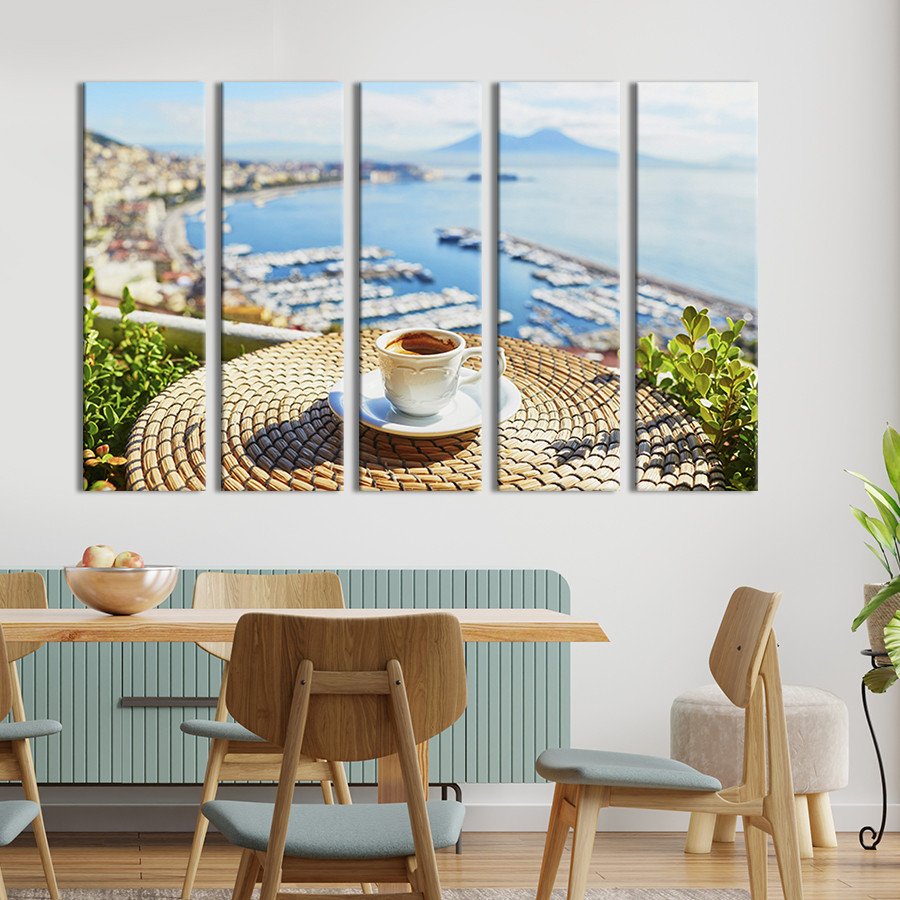 Модульна картина з 5 частин на полотні KIL Art Ранкова кава та морський пейзаж 155x95 см (302-51) D7P5-2023