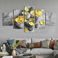 Модульная картина из 5 частей на холсте KIL Art Лепестки жёлтой орхидеи и дзен-камни 162x80 см (75-52)