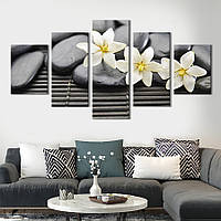 Модульная картина из 5 частей на холсте KIL Art Маленькие белые цветы и чёрные дзен-камни 162x80 см (76-52)