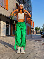 Женские летние универсальные штаны карго с шнурком затяжкой на поясе (зеленый, малина, электрик)