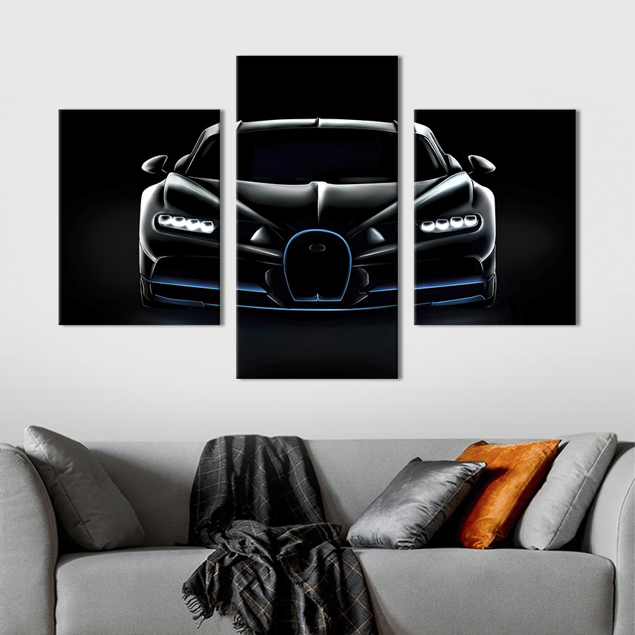 Картина з трьох панелей KIL Art Чорний Bugatti Chiron з неоновою підсвіткою 141x90 см (1305-32) D7P5-2023
