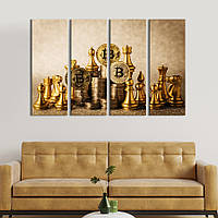 Модульная картина из 4 частей на холсте KIL Art Золотые шахматы и криптовалюта биткоин 209x133 см (523-41)