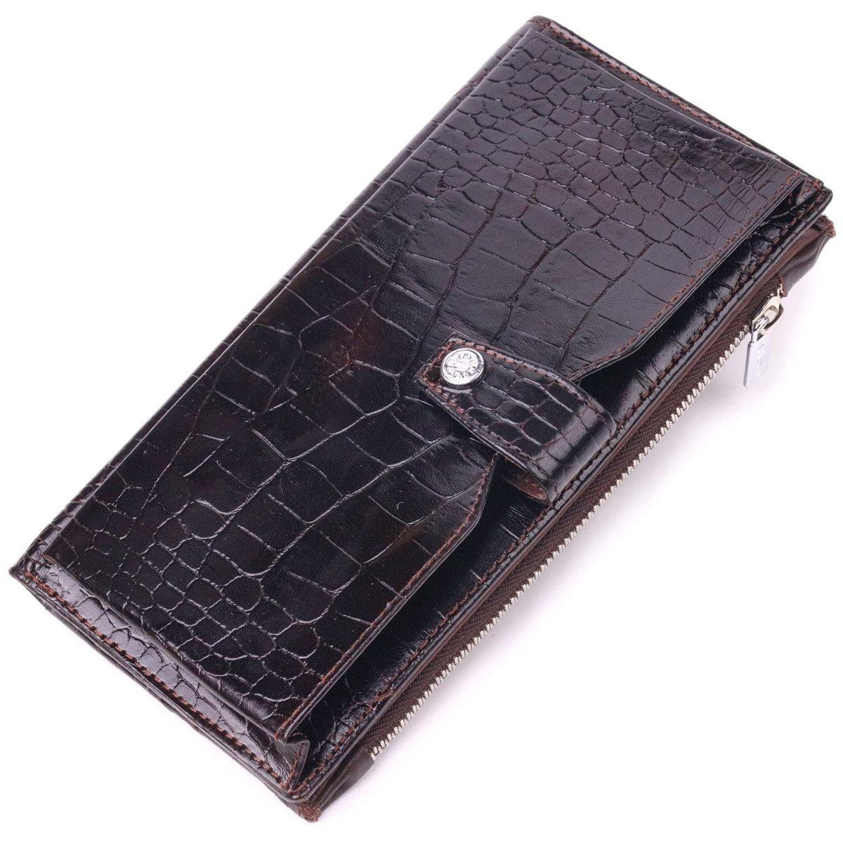 Лаковане вертикальне чоловіче портмоне з натуральної шкіри з тисненням під крокодила KARYA 21424