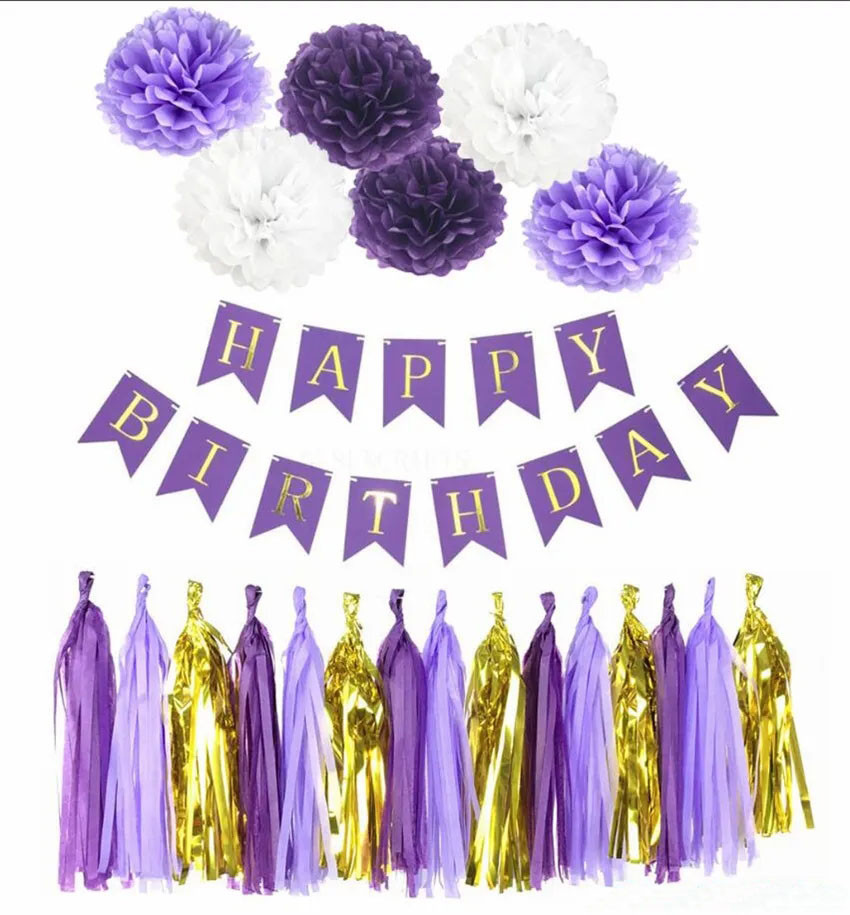 Набір із кульок Помпони з написом Happy Birthday | Бузковий Фіолетовий Білий
