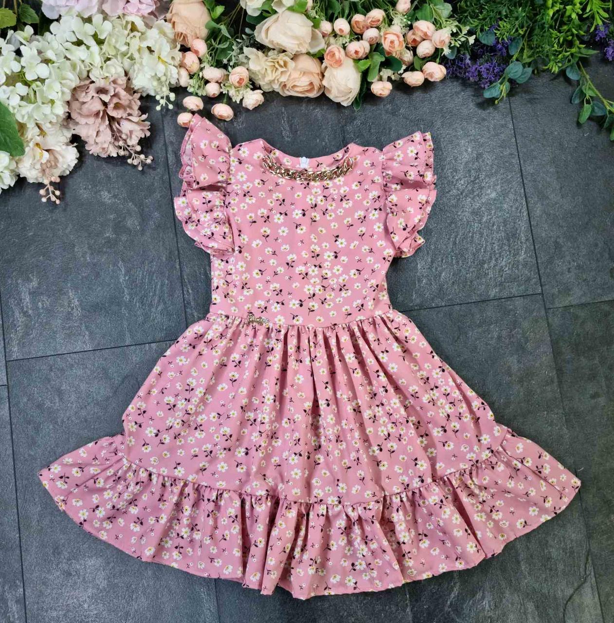 Літня сукня з трендовим ланцюжком із коротким рукавом квітковим принтом рожева
