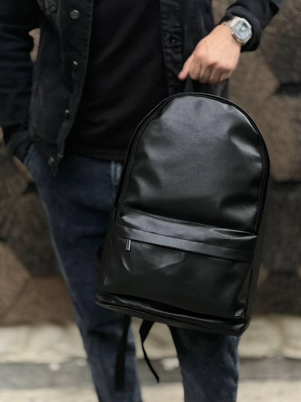 Рюкзак черный кожаный стильный портфель городской с карманом ранец плечевой молодежный повседневный - фото 4 - id-p861592481