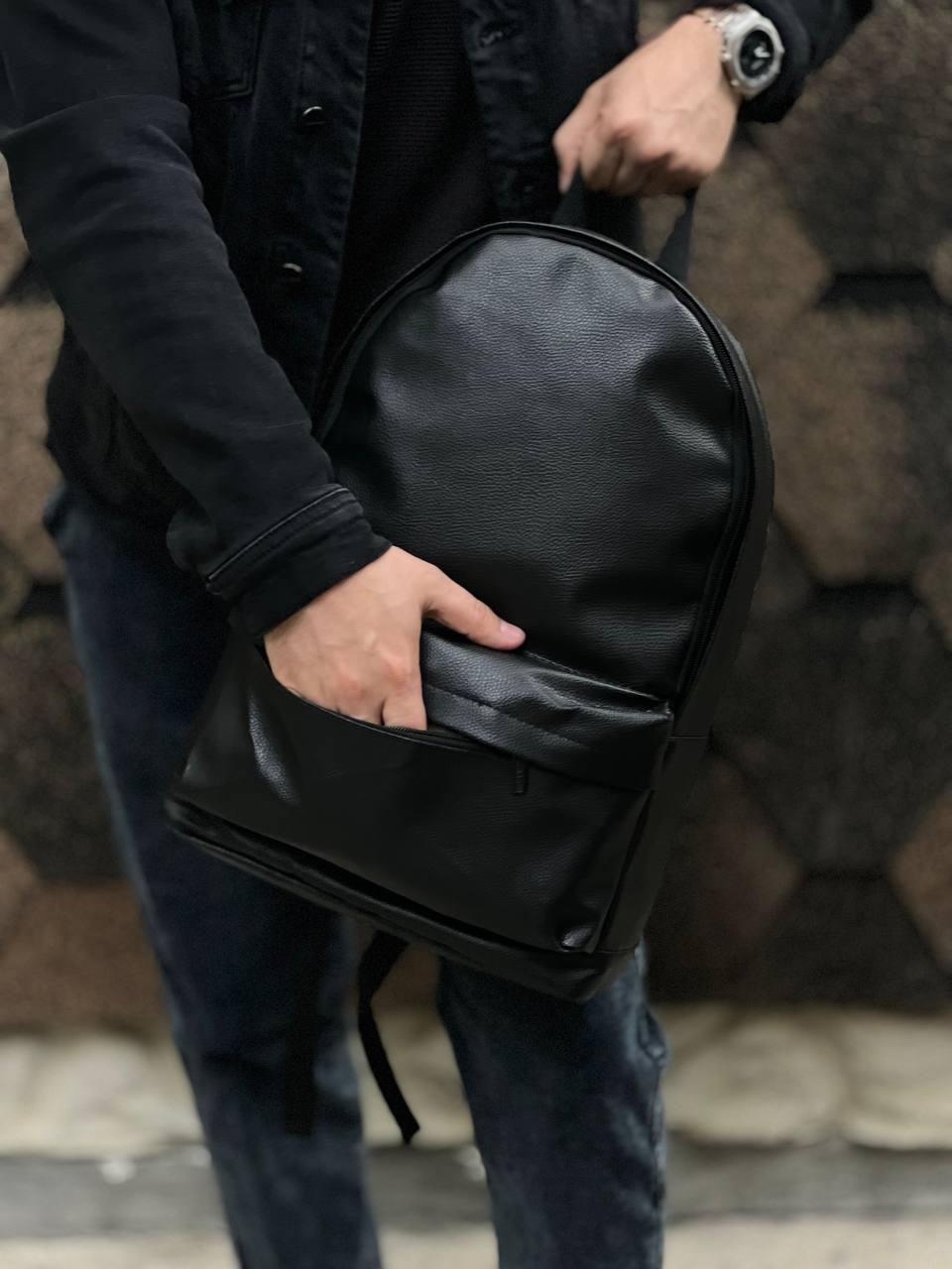 Рюкзак черный кожаный стильный портфель городской с карманом ранец плечевой молодежный повседневный - фото 5 - id-p861592481