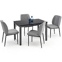 Черный стеклянный кухонный стол с серыми тканевыми стульями Jasper 110-170х70 см на металлических ножках