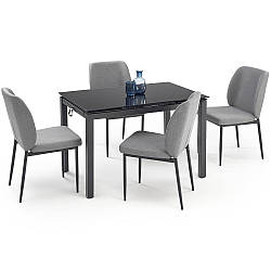 Чорний скляний кухонний стіл з сірими тканинними стільцями Jasper 110-170х70 см на металевих ніжках