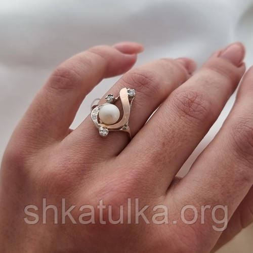 Кольцо серебряное с золотыми вставками белой жемчужиной и цирконами - фото 5 - id-p1858913251