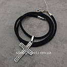 Чоловіча шовкова цепочка і прямий хрестик. Шовковий шнурок з срібним замком і рівний кулон хрест., фото 6