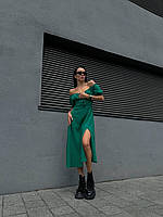 Жіноче літнє плаття міді з розрізом і ефектним бюстом зеленого кольору, Літнє плаття прованс зелене 44/46