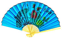 Веер бамбук с шелком "Павлины с пионами на синем фоне" 50 см