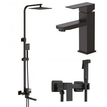 Набір душова система + змішувач на умивальник + гігієнічний душ F24802-6-2 чорний квадратний