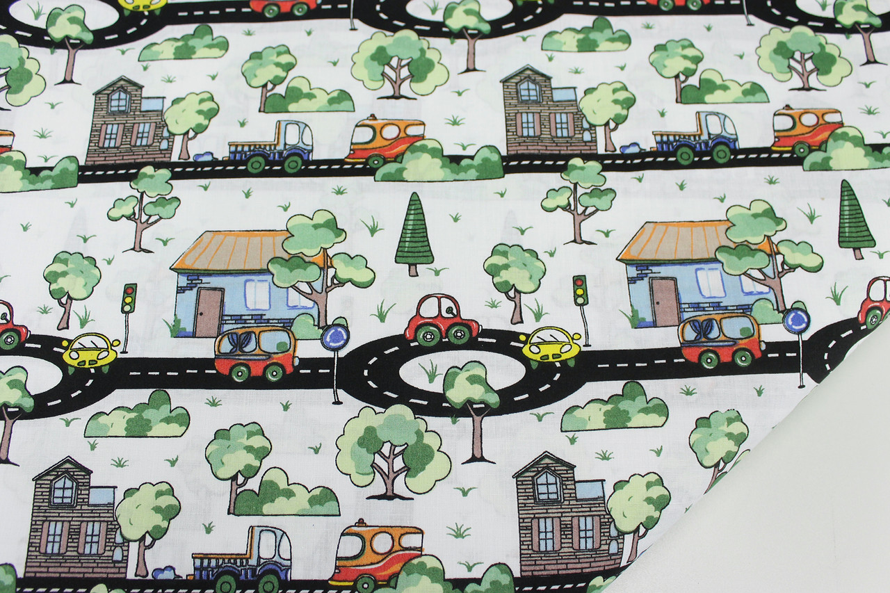 Бавовняна тканина "Машини на кільцевій дорозі" на білому тлі 125 г/м2 No1051, фото 1