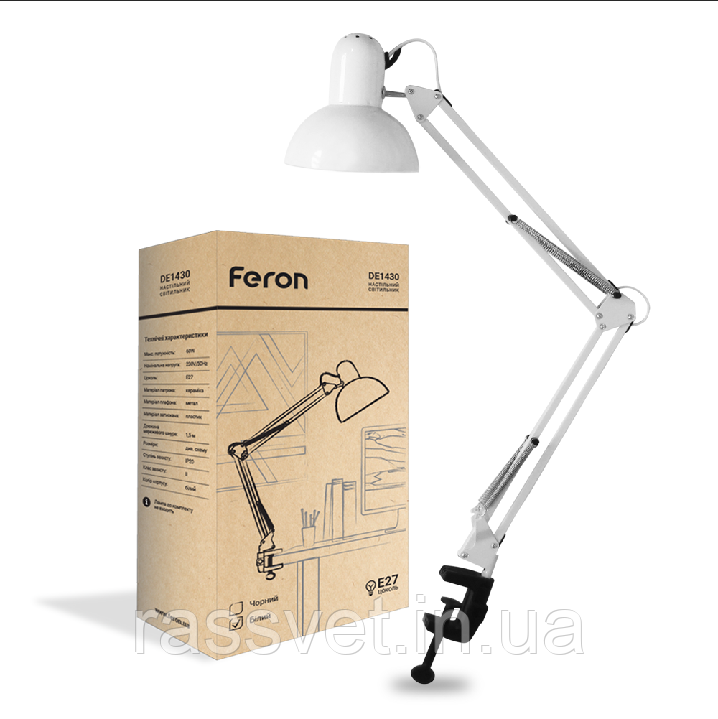 Настільний світильник Feron DE1430 на струбцині під лампу Е27, фото 1