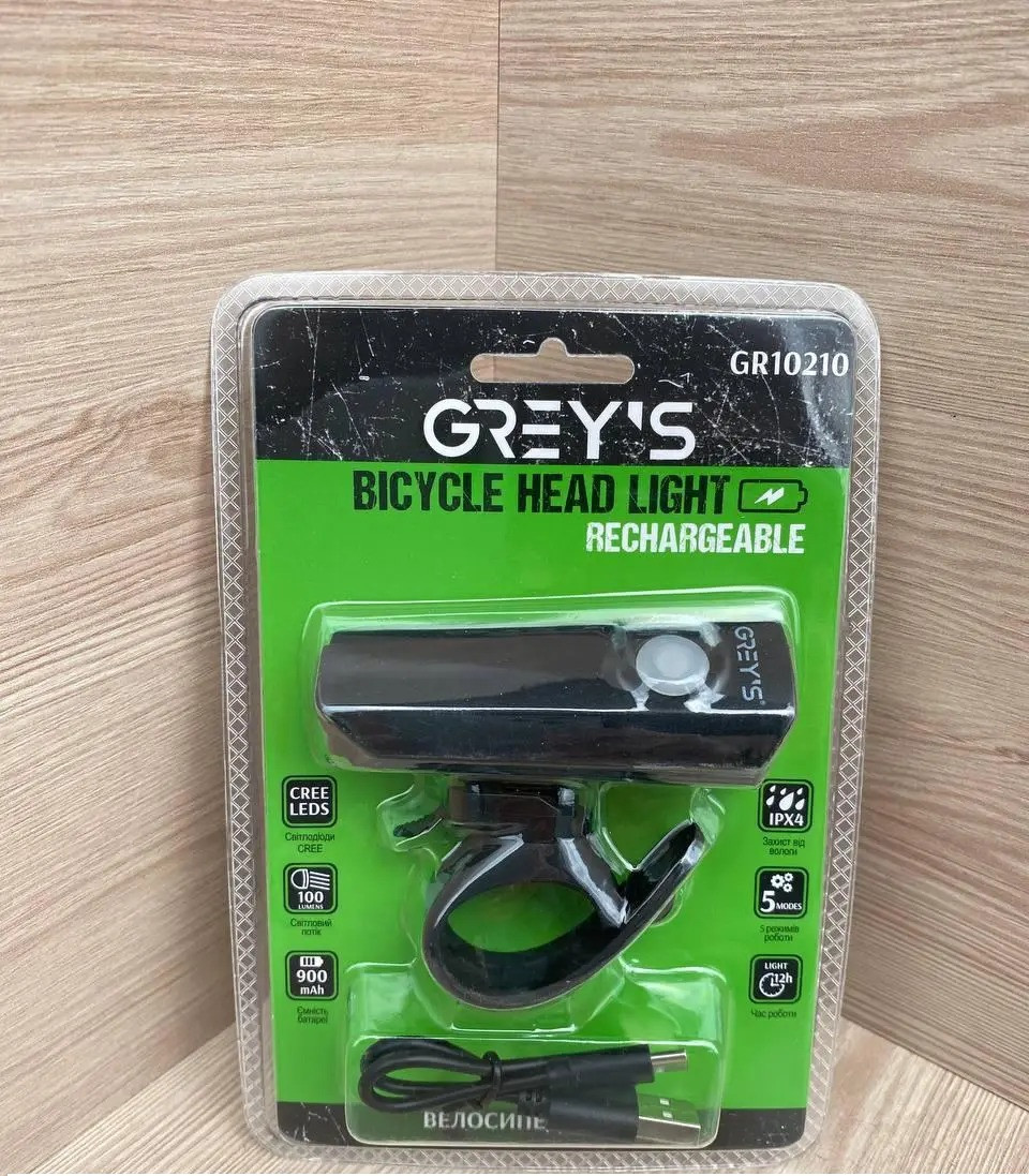 Велосипедна фара Grey's 1xLED, 100lm, 900mAh, інд-р зар. батареї, час роботи до 12год.(20/100шт/уп)