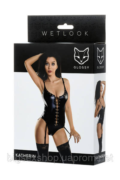 Боді Glossy з матеріалу Wetlook на шнурівці, чорний