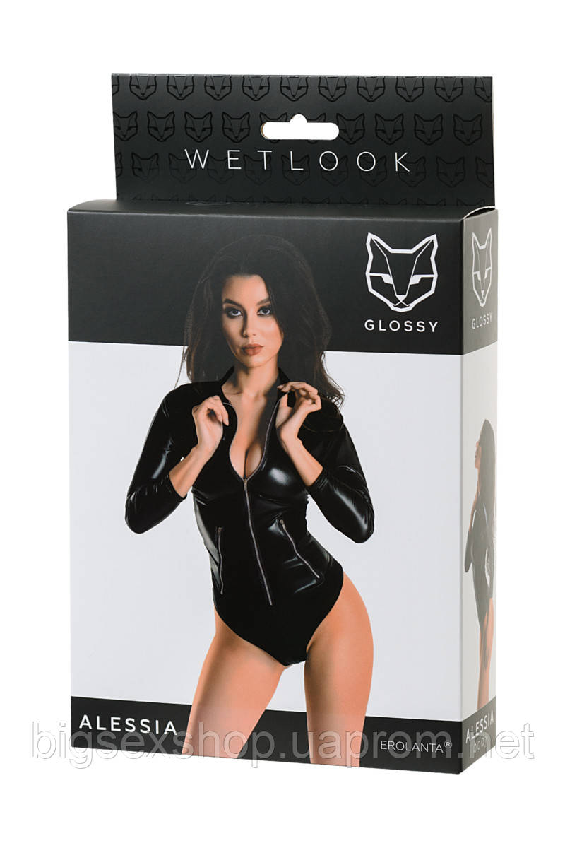 Боді Glossy Alessia з матеріалу Wetlook на блискавки, чорний