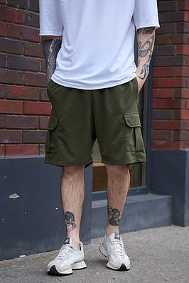 Шорти чоловічі з кишенями карго хакі трикотажні стильні двонитки Розміри: S, M, L, XL, XXL