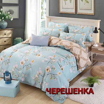 Тканина для постільної білизни Бязь "Gold" Lux GL1771blue (A+B) - (50м+50м) квіти на блакитному + бежева абстракція, фото 1