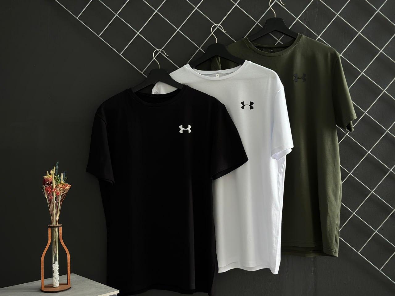 Чоловіча футболка Under Armour 3 шт. чорна хакі біла бавовняна літня Теніска Андер Армор на літо, фото 1