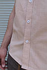 Чоловіча сорочка лляна бежева комір-стійка молодіжна приталена з коротким рукавом, фото 7
