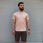 Чоловіча сорочка лляна бежева комір-стійка молодіжна приталена з коротким рукавом, фото 2