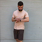 Чоловіча сорочка лляна бежева комір-стійка молодіжна приталена з коротким рукавом, фото 6