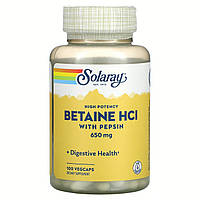 Бетаїн HCl + пепсин, HCL with Pepsin, Solaray, 650 мг, 100 капсул