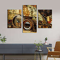 Модульная картина триптих на холсте KIL Art Винтажный бинокль и компас 128x81 см (504-31) z111-2024