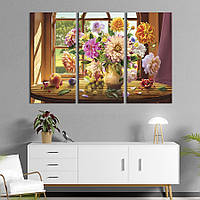 Модульна картина на полотні з 3 частин KIL Art триптих Натюрморт з георгінами та трояндами 156x100 см (825-31)