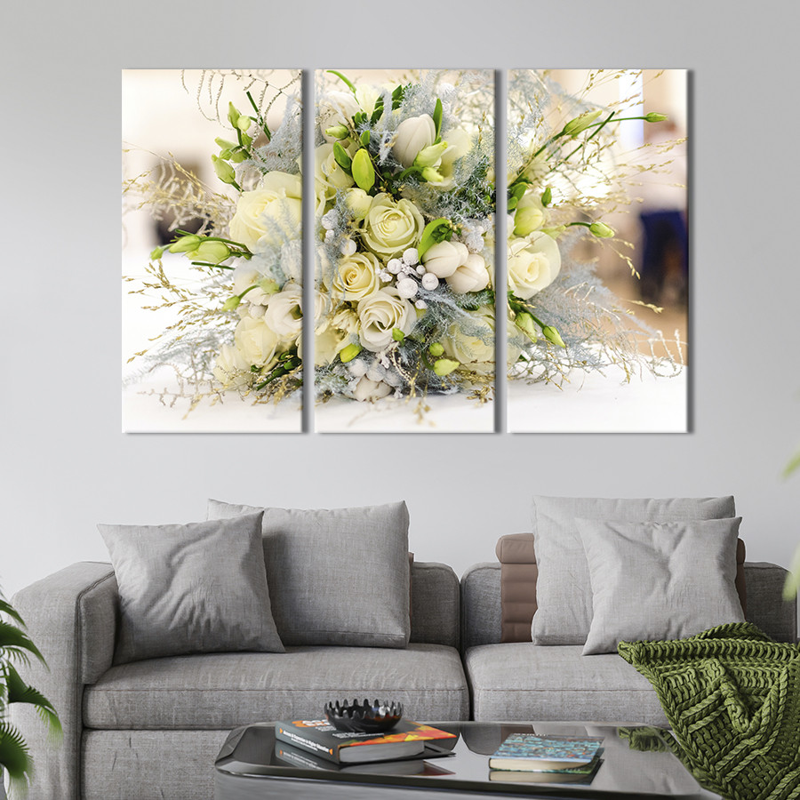 Модульна картина на полотні з 3 частин KIL Art триптих Чудовий весільний букет білих троянд 128x81 см
