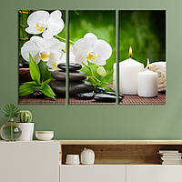 Модульная картина триптих на холсте KIL Art Спа-свечи и белая орхидея 128x81 см (67-31) z110-2024