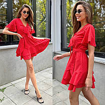 Легка жіноча міні сукня з зав'язкою на грудях у горошок софт Smmk8439, фото 4