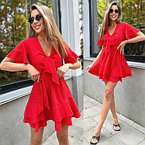 Легка жіноча міні сукня з зав'язкою на грудях у горошок софт Smmk8439, фото 3